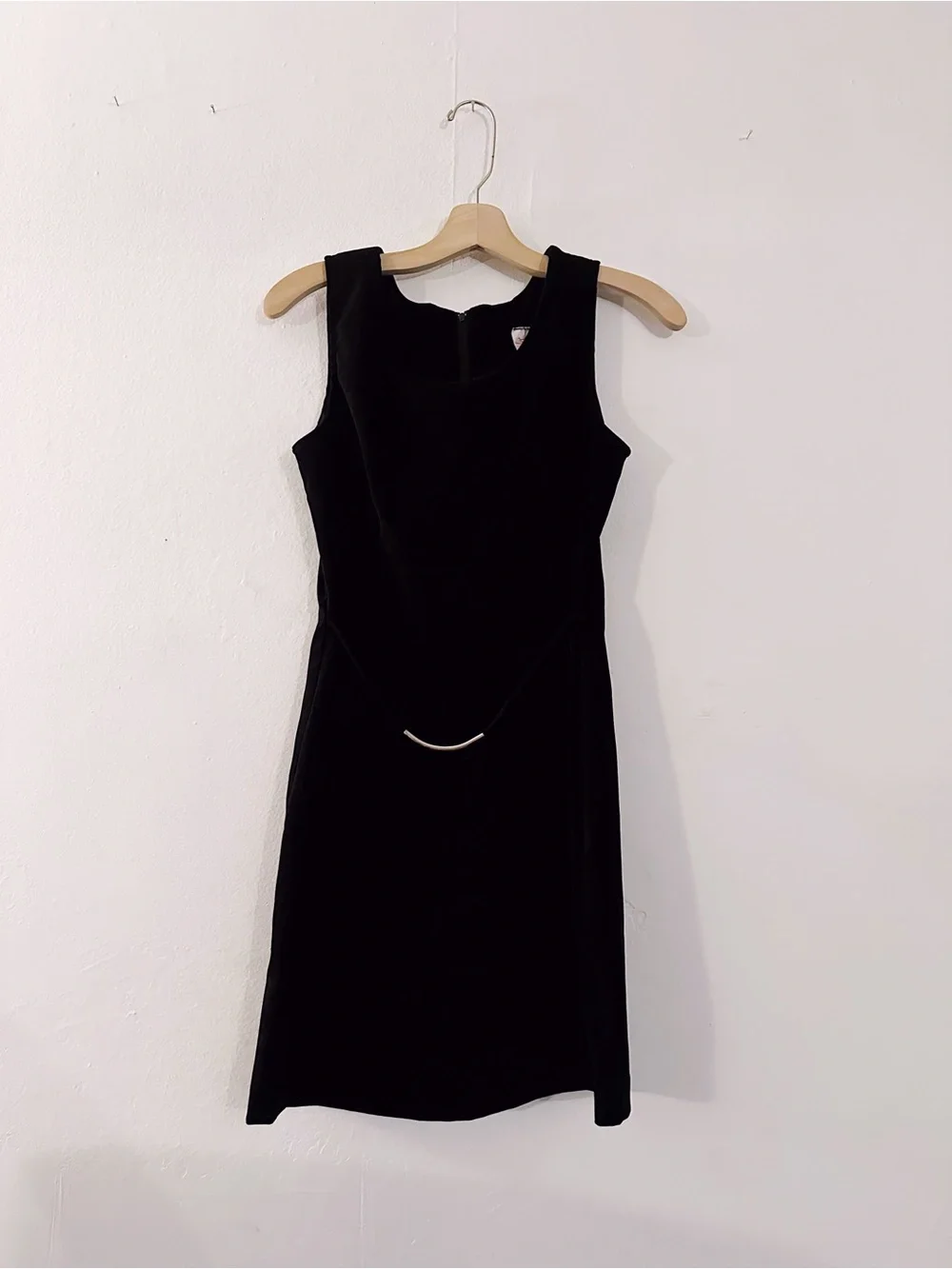Vintage Black Velvet Shift Dress Mini Sleeveless Metal Tube Belt